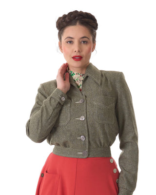 40s Americana Button Jacket - Olive Herringbone