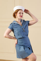 1930s Sailor Top - Aqua Natural Fibre