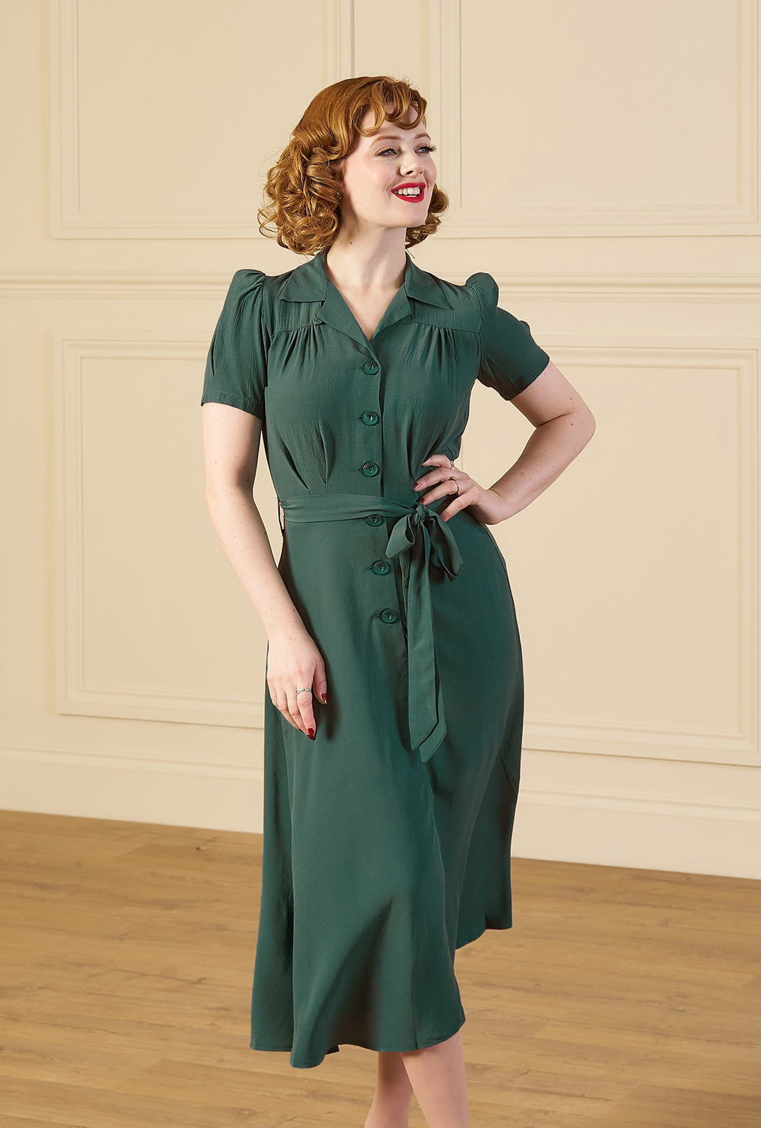 1940s Shirt-Waister Dress - Pine - model shot