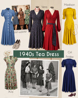 A collage titled '1940s Tea Dress' showing multiple vintage-inspired tea-length dresses on mannequins and in photos, labeled Ava, Shirt-waister, Vera, Madison, and Girl Friday, with styling accessories like shoes and a pearl necklace on a light beige background.