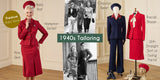 A collage-style promotional graphic for 1940s tailoring apparel, showing a woman in a red two-piece suit and hat on the left, two vintage black-and-white photos of women in suits in the center, and two mannequins wearing navy and red tailored sets on the right. Text labels include 'Halo Hat,' 'Hampton Jacket,' 'Chevron Beret,' 'Bacall Blazer,' 'Premium Ruby Wool,' 'Pim Skirt,' and 'With Straight Skirt or Swing Pants.