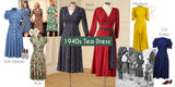 A collage showcasing various 1940s tea dress styles and colorways, featuring mannequins and vintage photos. The designs include a navy blue polka dot wrap dress, a deep red V-neck dress, a bright yellow dress, a blue shirt-waist dress, and a floral green dress.