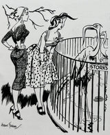 Illustration of two women looking at a stork through a fence, with a sign reading 'Storks' above it.
