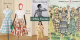 A collage showing multiple vintage-style dresses and a central text banner reading '1950s Florals.' The left side shows mannequins wearing floral and patterned dresses in an indoor room; the center shows a vintage poster and a small model in a yellow floral dress; the right side shows a vintage fashion illustration with several women in patterned dresses.
