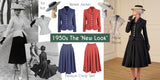 A collage titled '1950s The ‘New Look’' showing vintage fashion photos, mannequin views, and color options for jackets and skirts. On the right, a woman models a black pleated skirt with a black jacket; on the left, black-and-white vintage photos show women in coordinated outfits.
