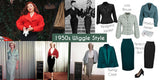 A collage titled '1950s Wiggle Style' showing multiple vintage fashion photos and labeled outfit items, including jackets, a skirt, gloves, and heels, arranged in a retro editorial layout.