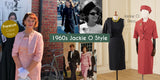A collage-style promotional graphic for a 1960s Jackie O dress outfit. It shows a woman in a pink tweed jacket and skirt, mannequins wearing a black dress and a red dress with hat, inset photos of Jackie O and Frank Sinatra, and text reading 'Premium Coco Dress' and '1960s Jackie O Style'.