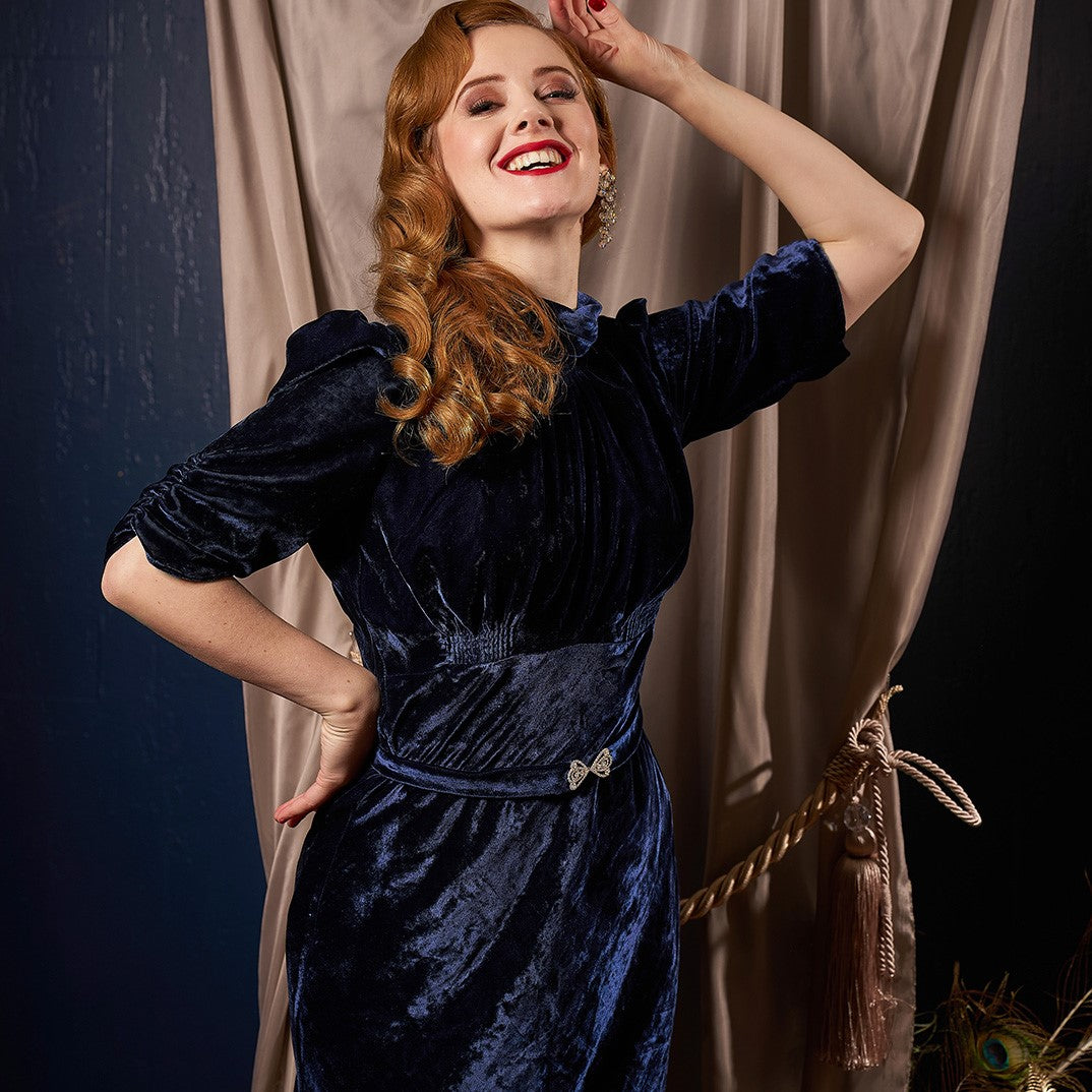 1930s Blue Velvet Loretta Bias Dress UK 08