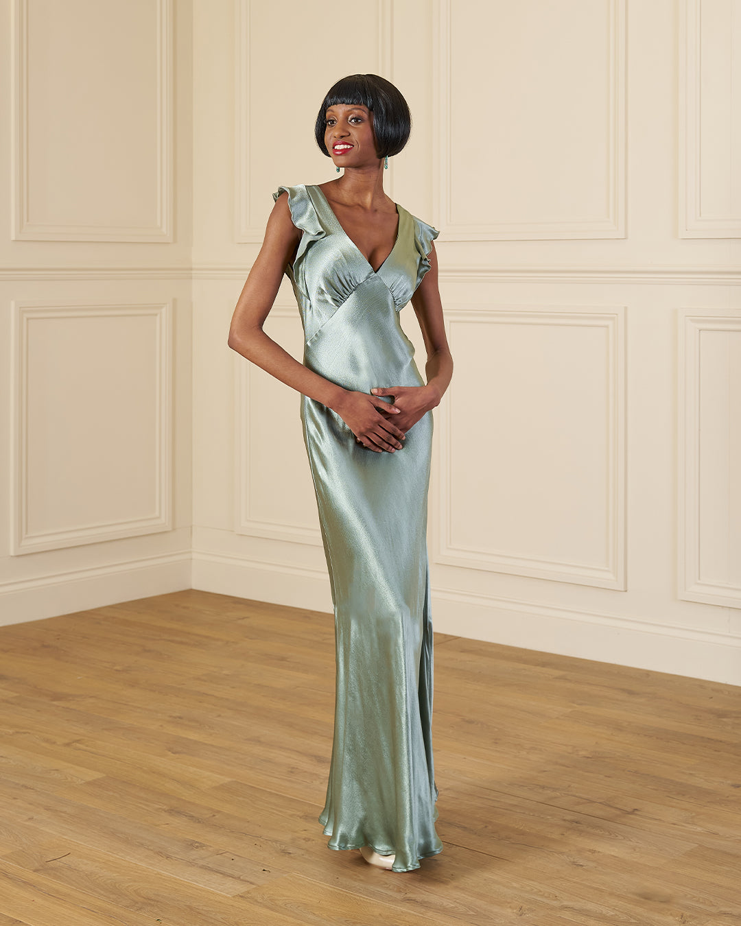 1930s Faye Bias Cut Gown - Sage Satin