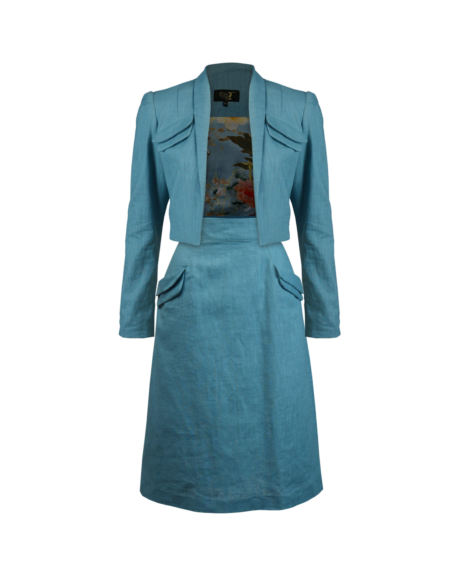40s Crop Jacket Skirt Suit - Light teal linen