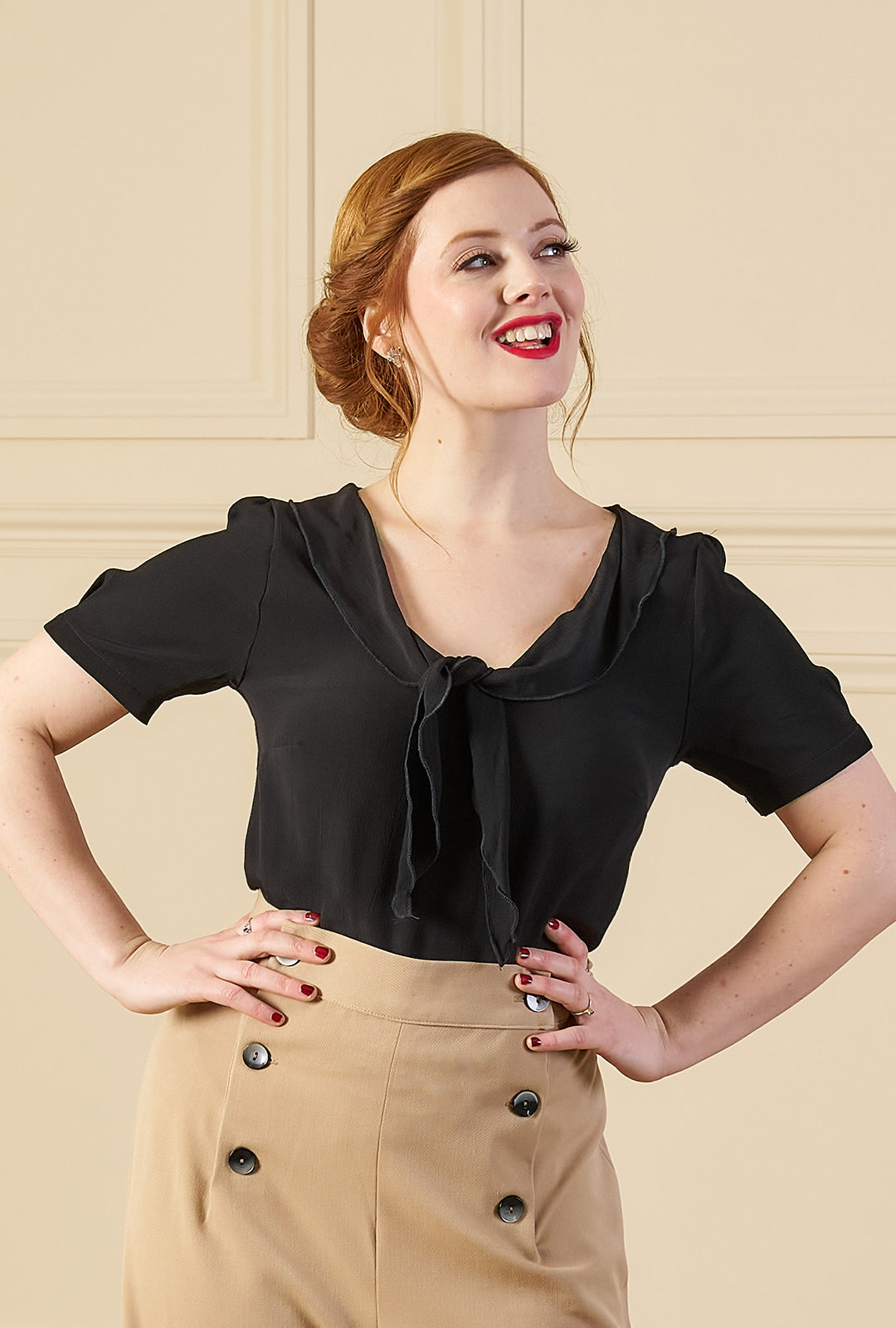1930s Shawl Blouse - Ebony Black - model shot