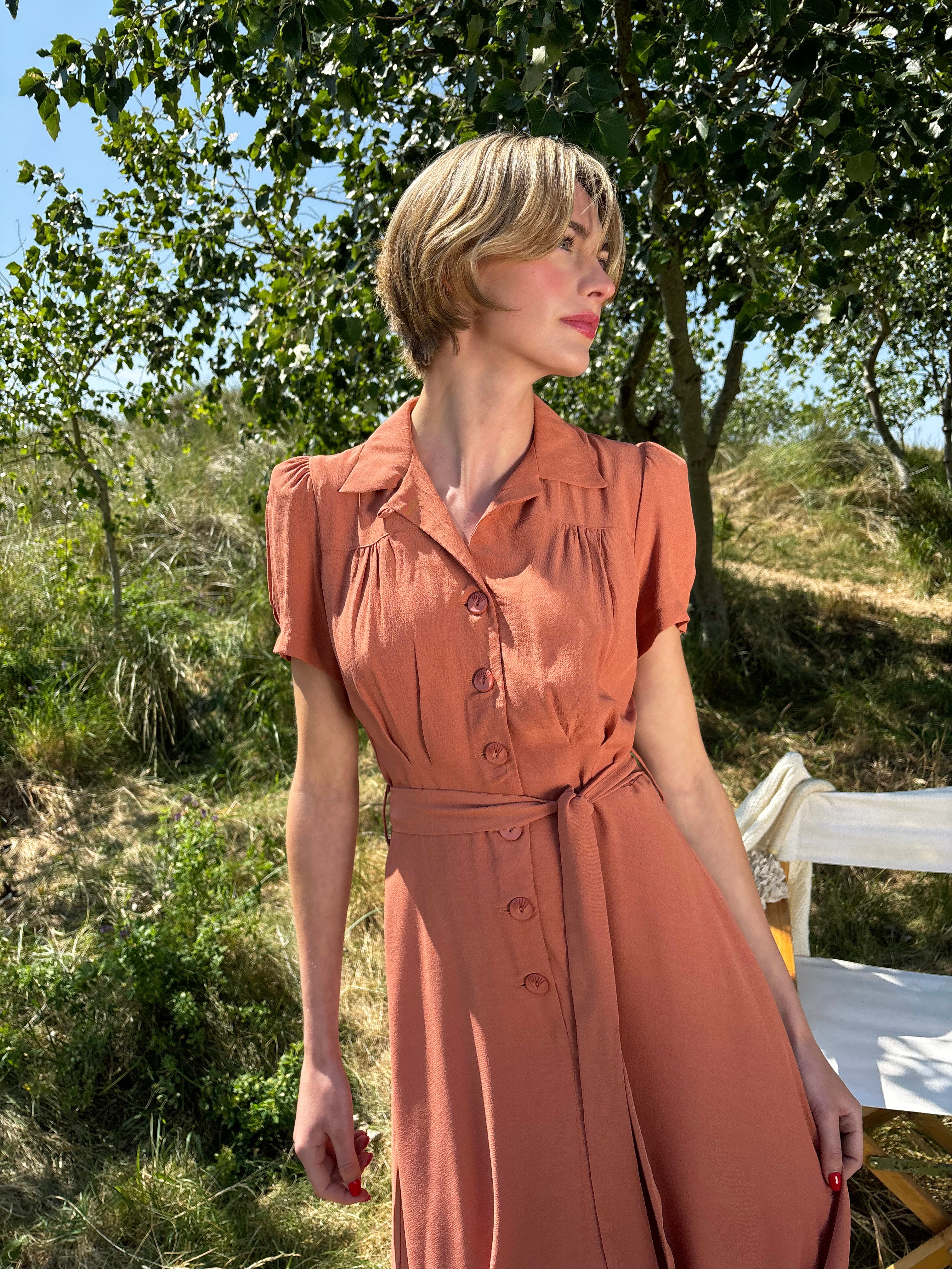 1940s Shirt-Waister Dress - Burnt Peach