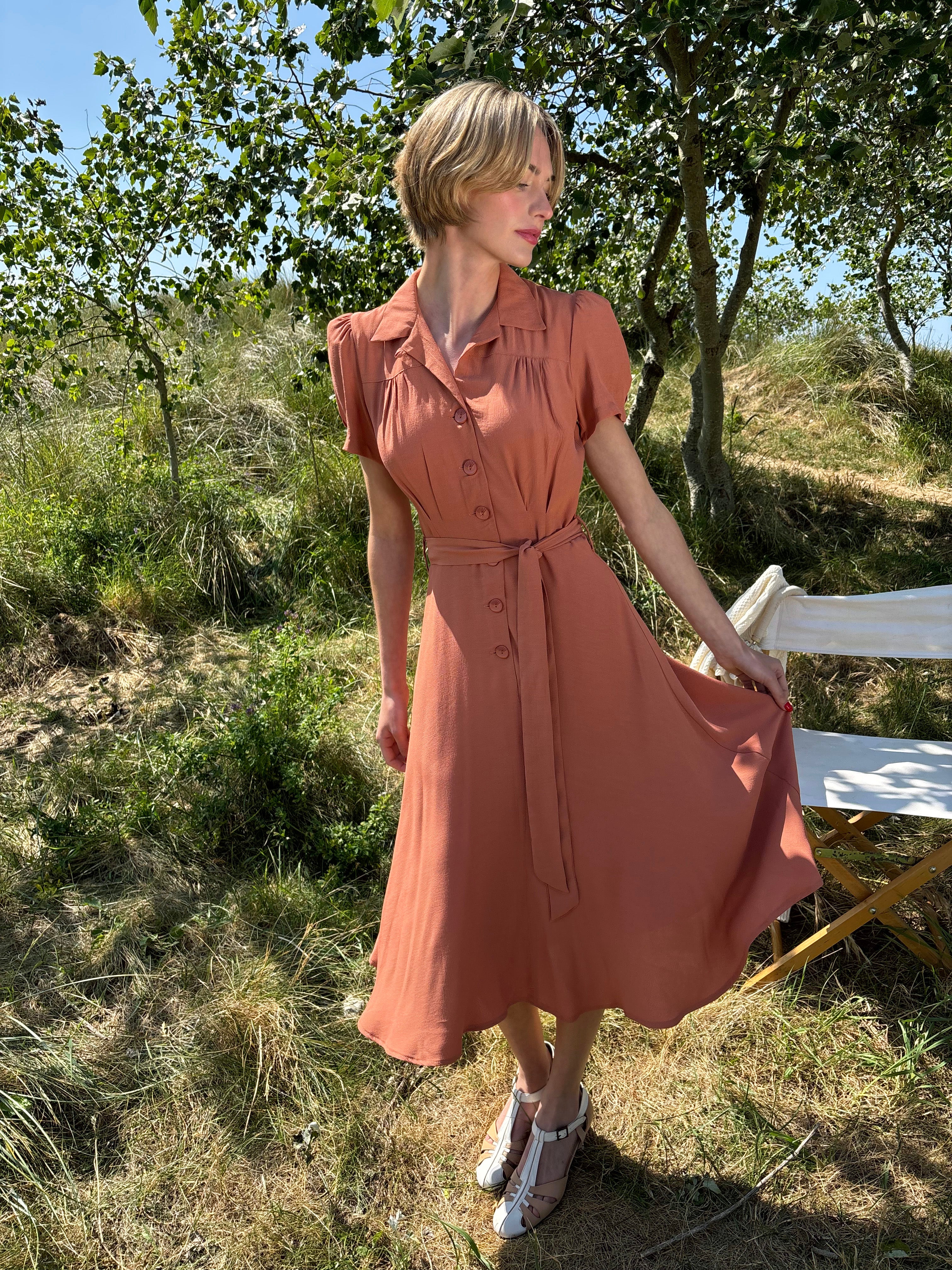 1940s Shirt-Waister Dress - Burnt Peach