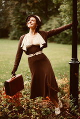 1930s Connie Dress and Crop Jacket in Brown and Oakline Stripe