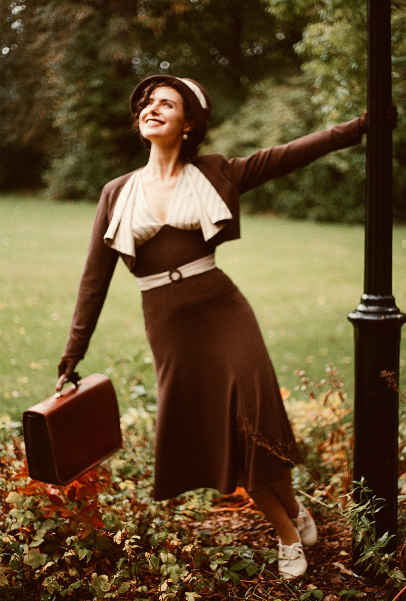 1930s Connie Dress and Crop Jacket in Brown and Oakline Stripe