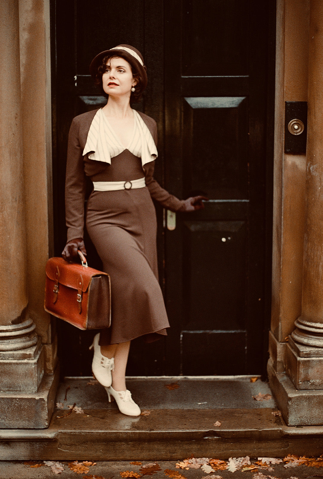 1930s Connie Dress and Crop Jacket in Brown and Oakline Stripe