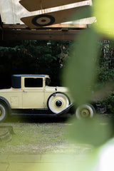A vintage cream-colored car with a dark blue roof and trim, parked outdoors in a garden or rustic setting with foliage in the foreground.
