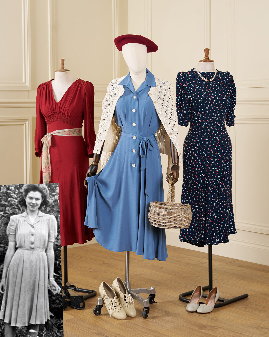 1940s Tea Dresses displayed on mannequins styled with transitional autumn accessories