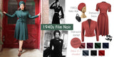 A collage-style promotional graphic for a 1940s film noir dress outfit. On the left, a woman stands in front of a red door wearing a teal long-sleeve midi dress with a matching hat and heels.