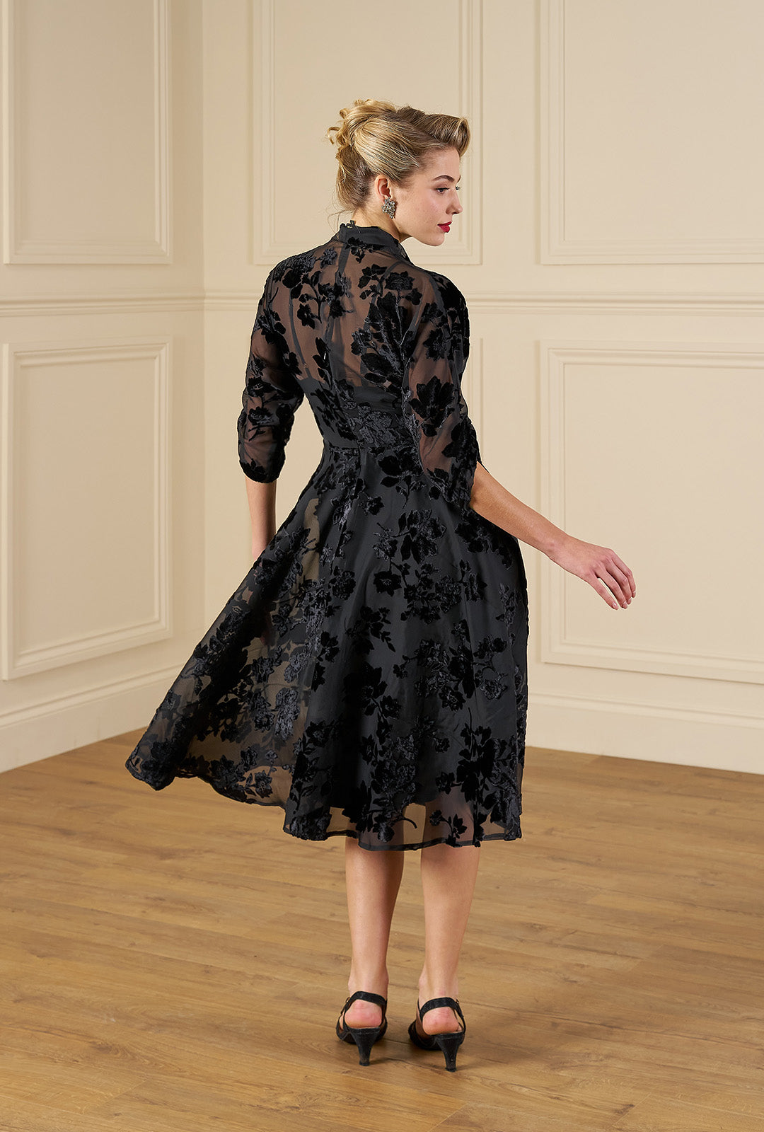 1950s Grace Dress in Black Rose Devore