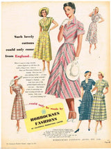 Vintage advertisement for Horrockses Fashions featuring women in patterned dresses.