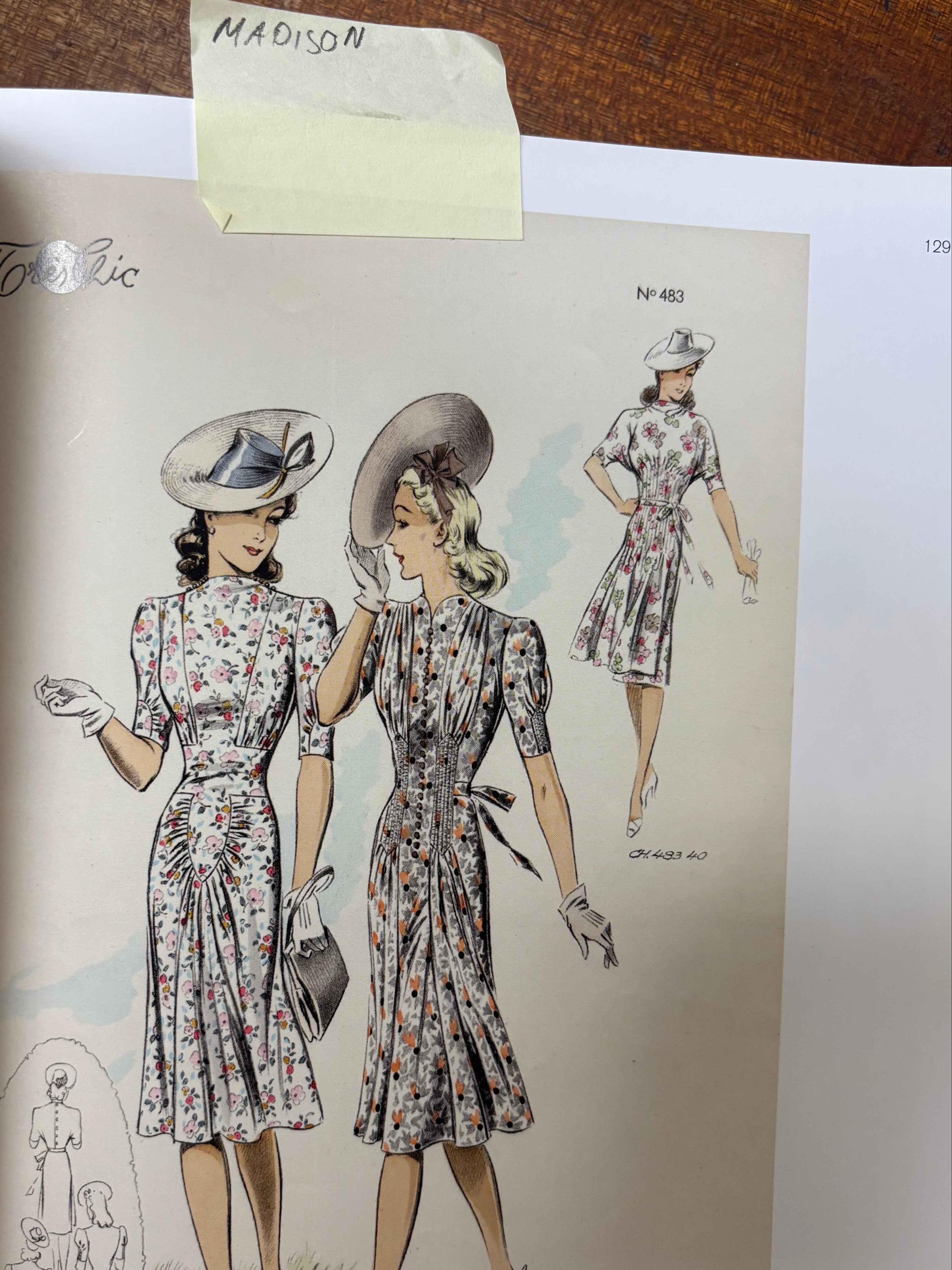 1940s Illustrations of women in vintage dresses on a book page