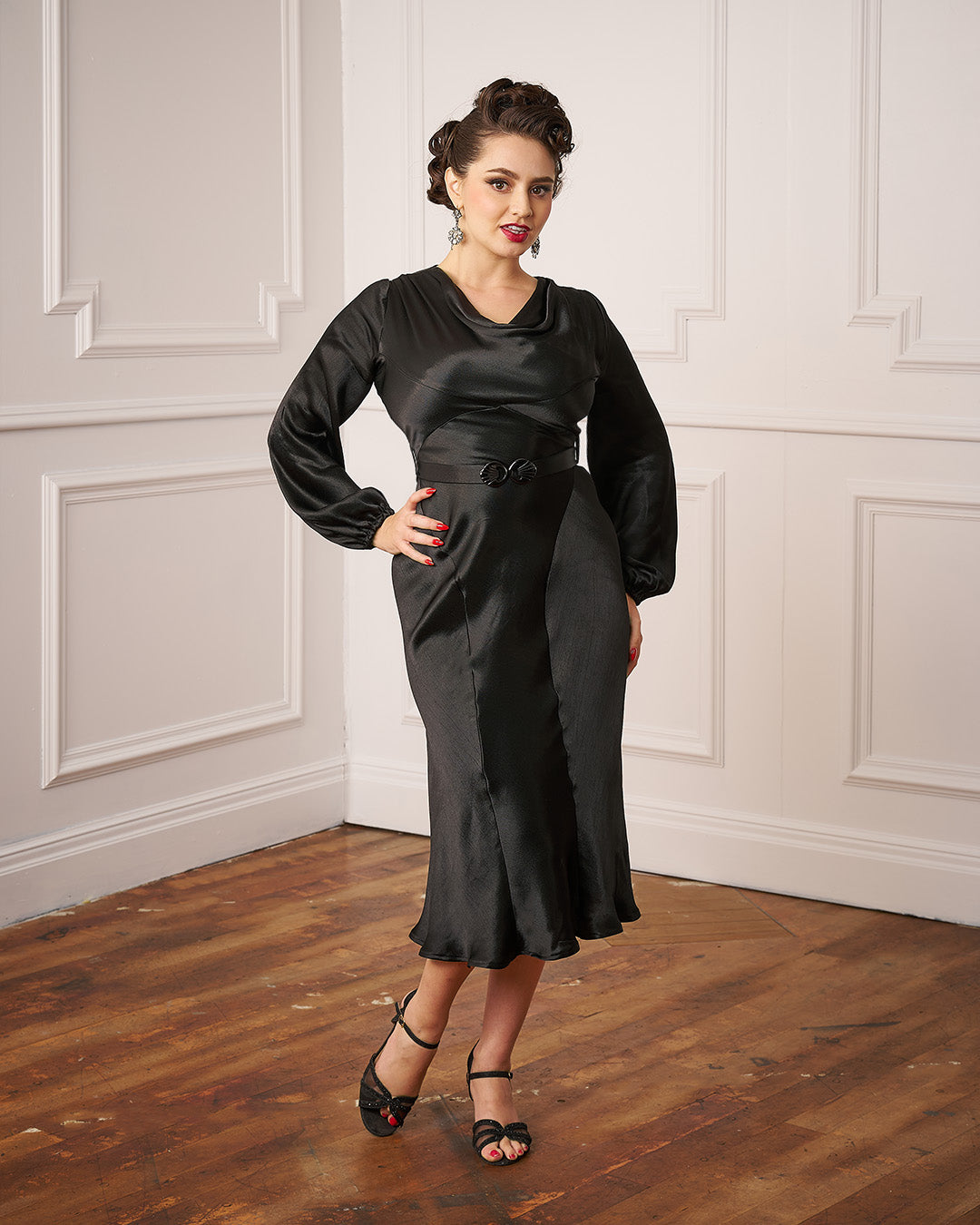 1930s Joanie Bias Cut Dress Ebony Satin – House of Foxy