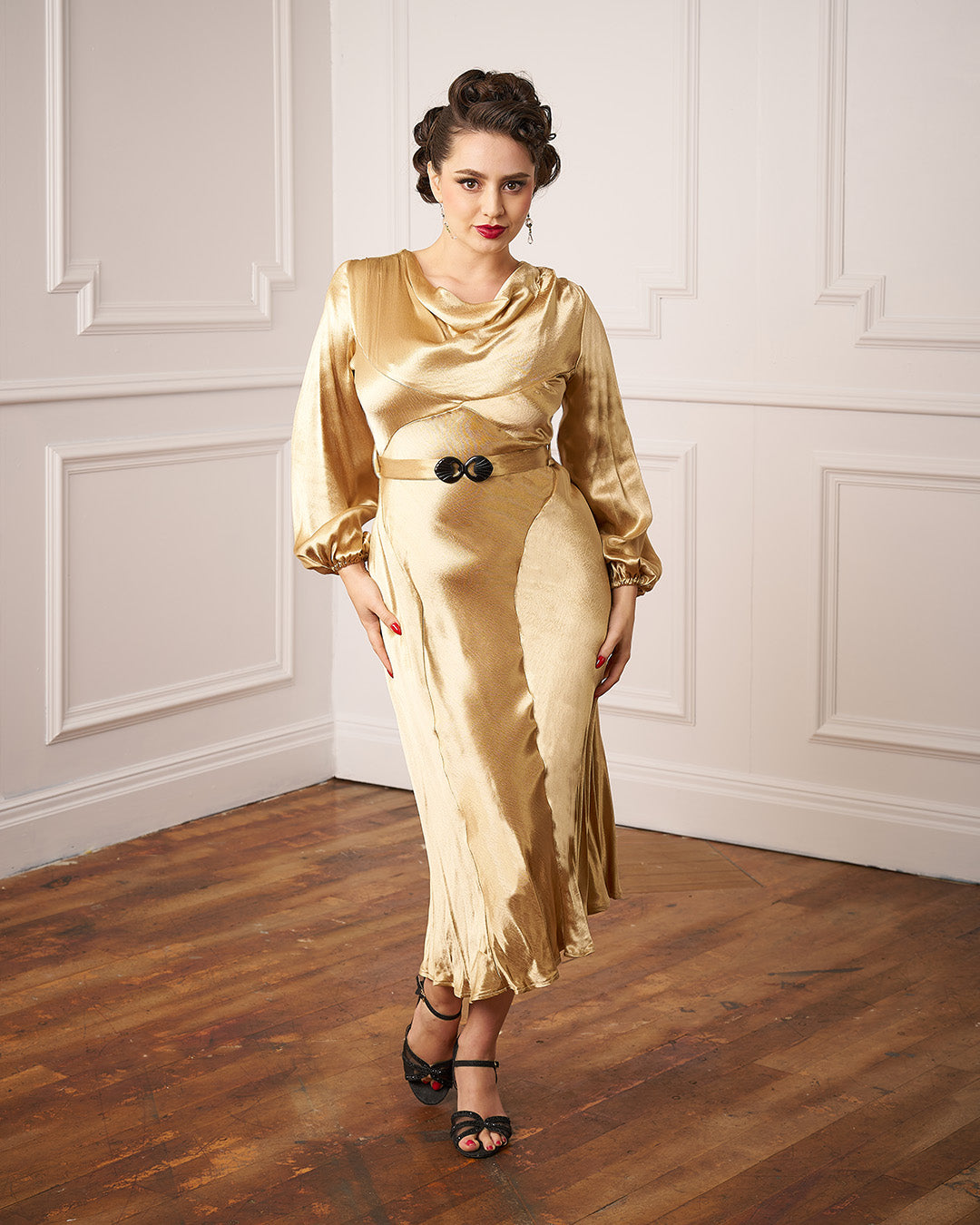 1930s Joanie Bias Cut Dress GoldSatin – House of Foxy
