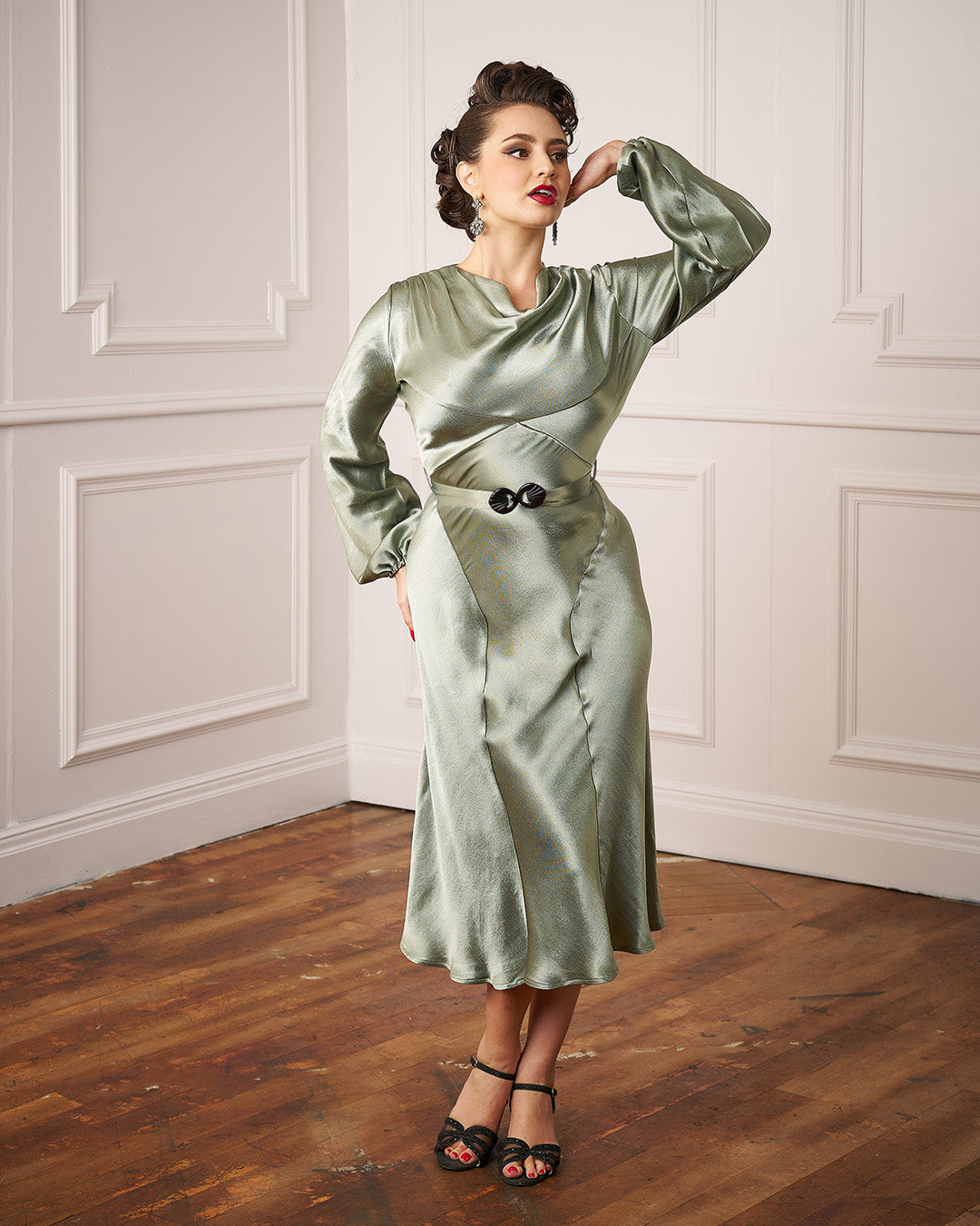1930s Joanie Bias Cut Dress Sage Green Satin – House of Foxy