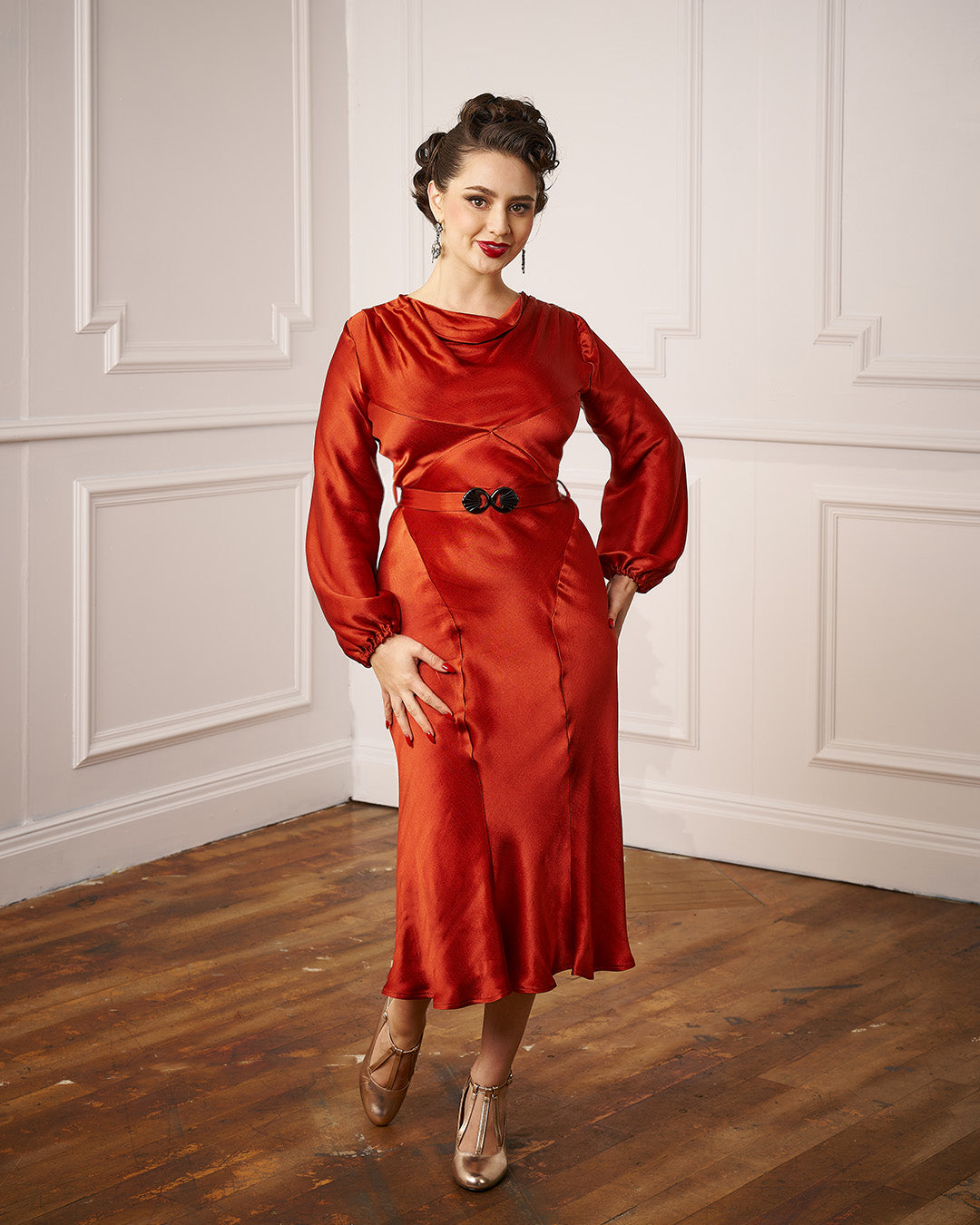 1930s Joanie Bias Cut Dress Rust Satin – House of Foxy