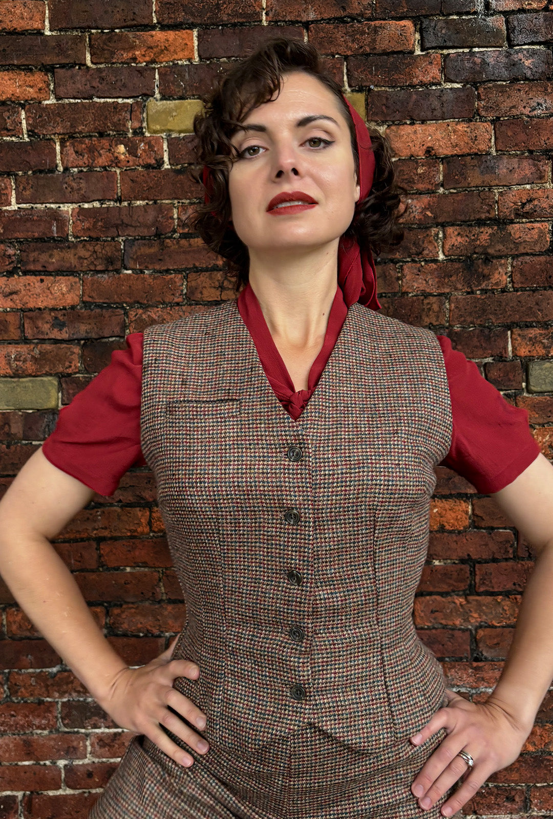Margot Fitted Waistcoat in Walnut Check Wool