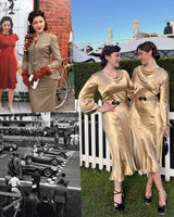 A collage-style fashion listing showing two women wearing matching metallic gold midi dresses with black belt details, alongside smaller inset photos of vintage racing cars and a woman in a beige dress.