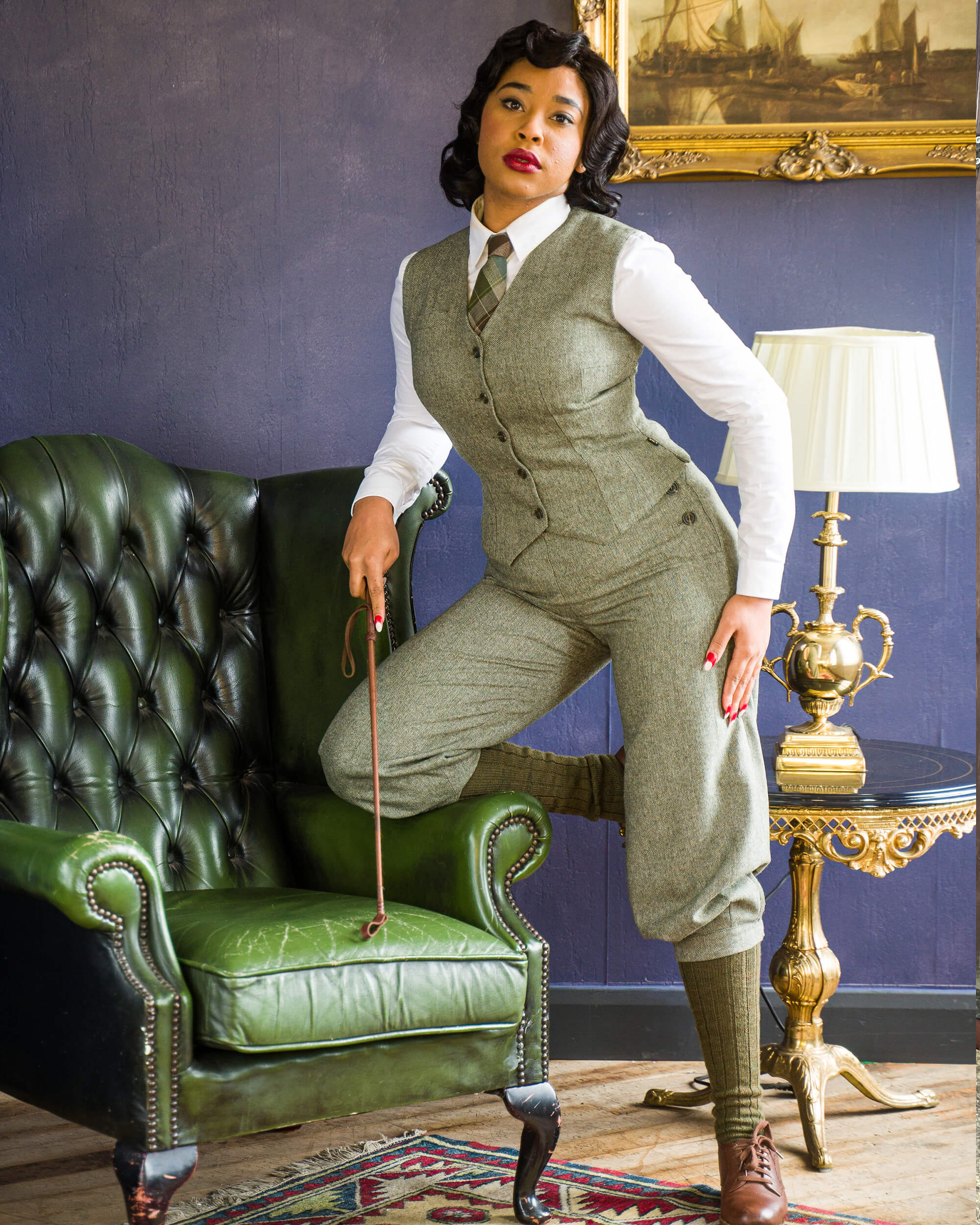 Ladies Plus Fours - Olive Herringbone