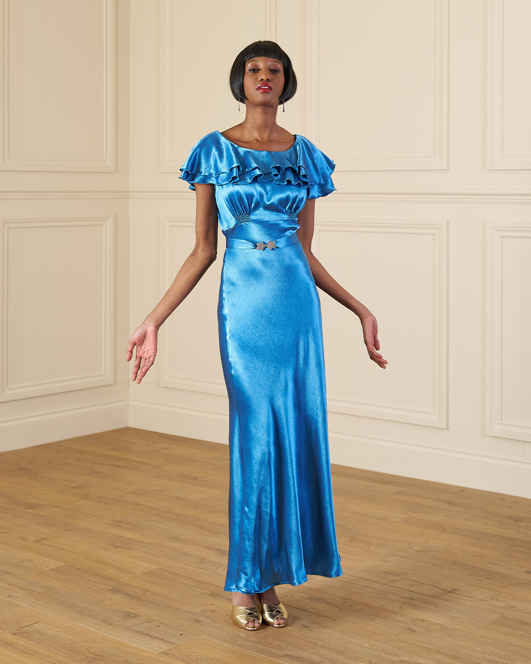 blue bias cut dress 1930s Pandora Gown Black Sequin Mini Dress spring-dresses item size:L 100% Silk