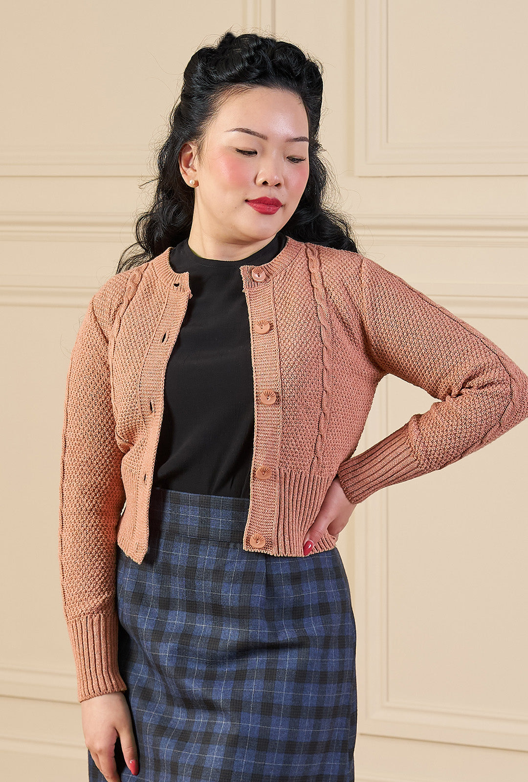 Vintage Cable Crop Cardigan - Paprika