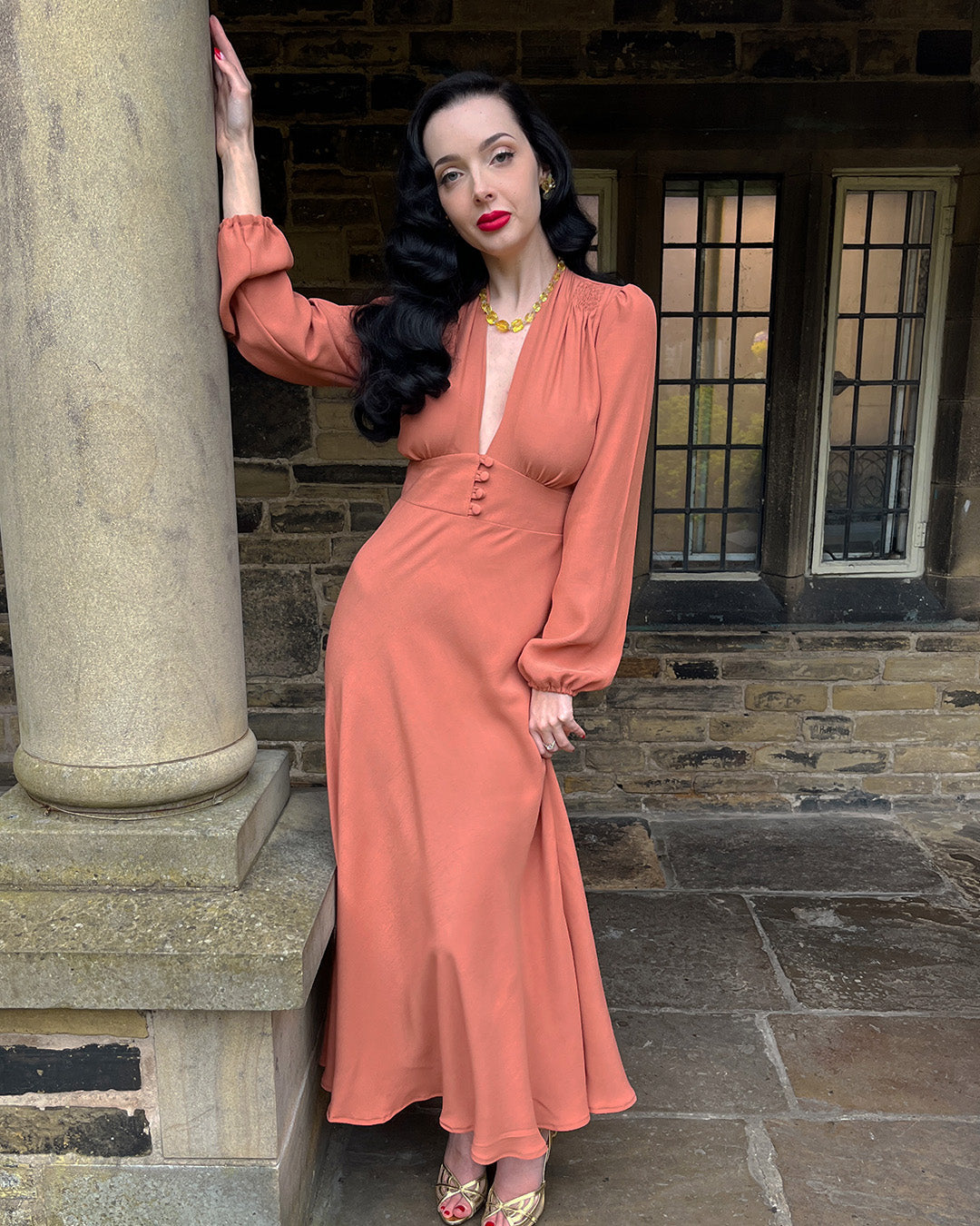 1930s 70s Petra Bias Cut Midi Dress Burnt Peach – House of Foxy