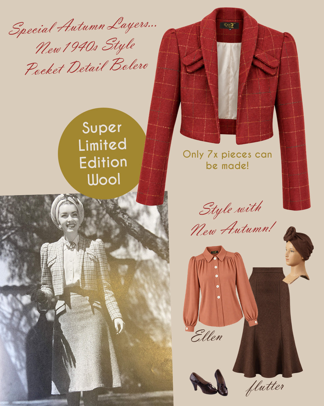 1940s Pocket Detail Crop Jacket - Red Wool