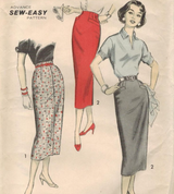 Vintage sewing pattern advertisement with three women wearing different skirts.