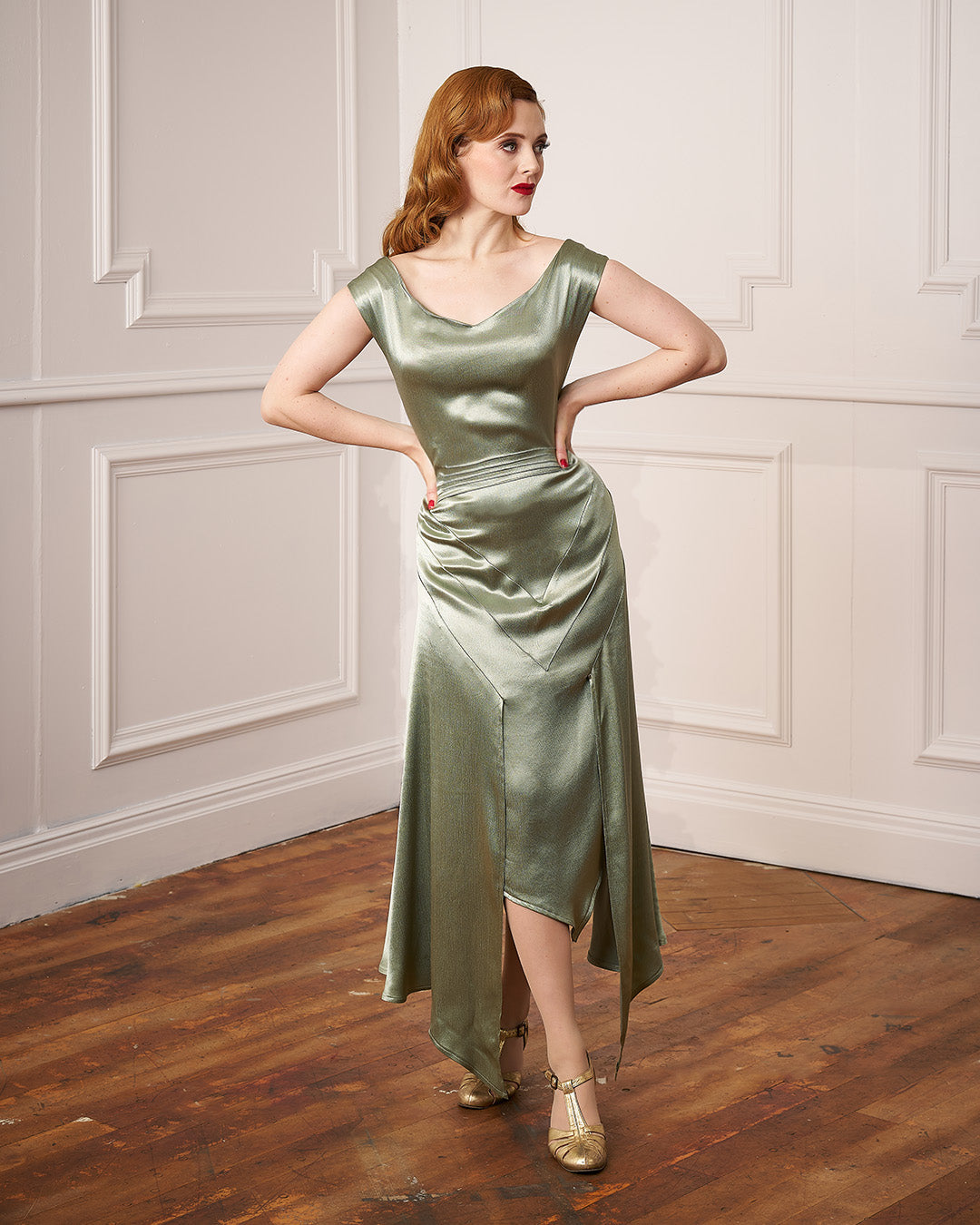 920s Sheba Evening Gown Set - Sage Satin