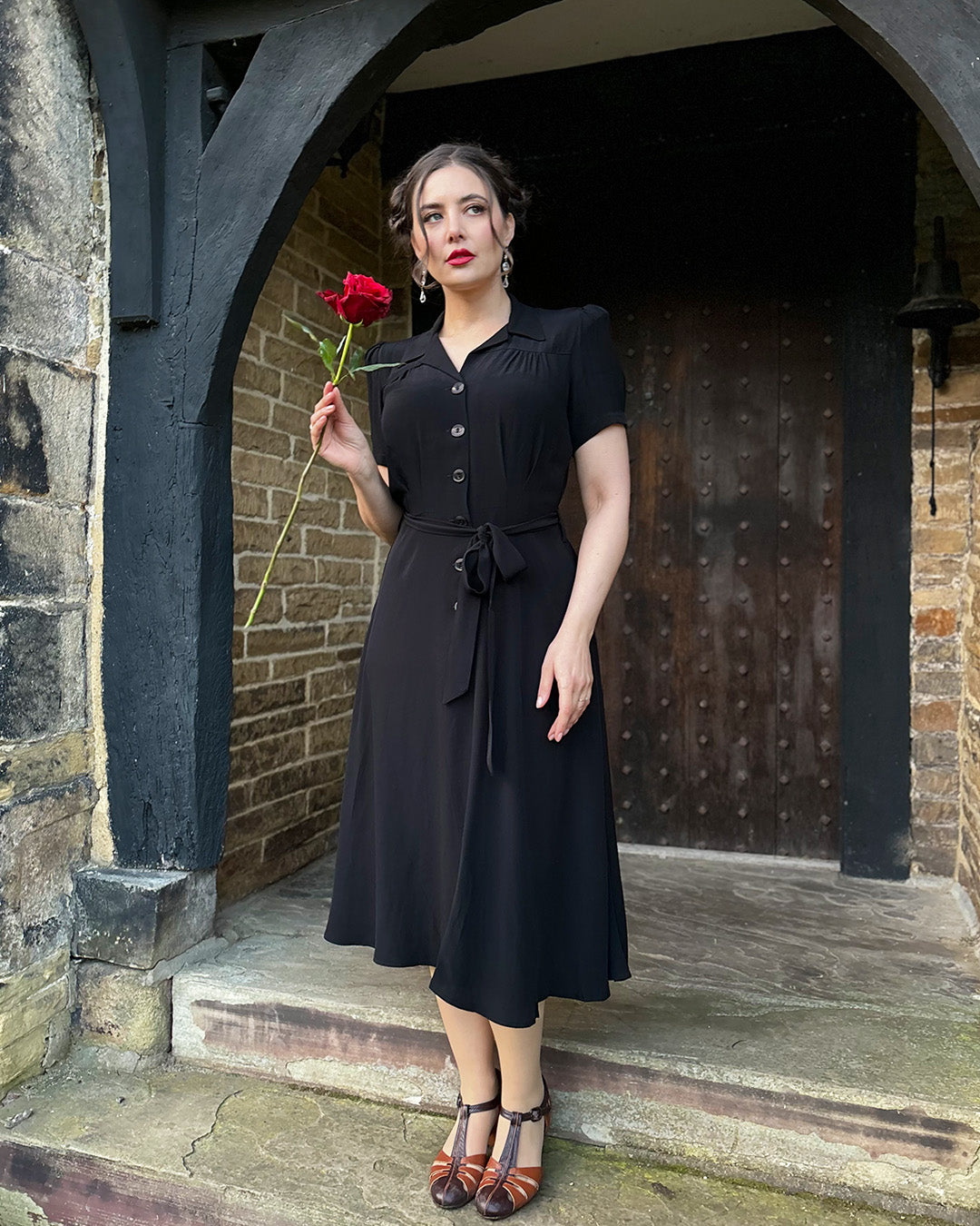 black shirtwaist dress Vintage Black 1950s Shirtwaist Dress