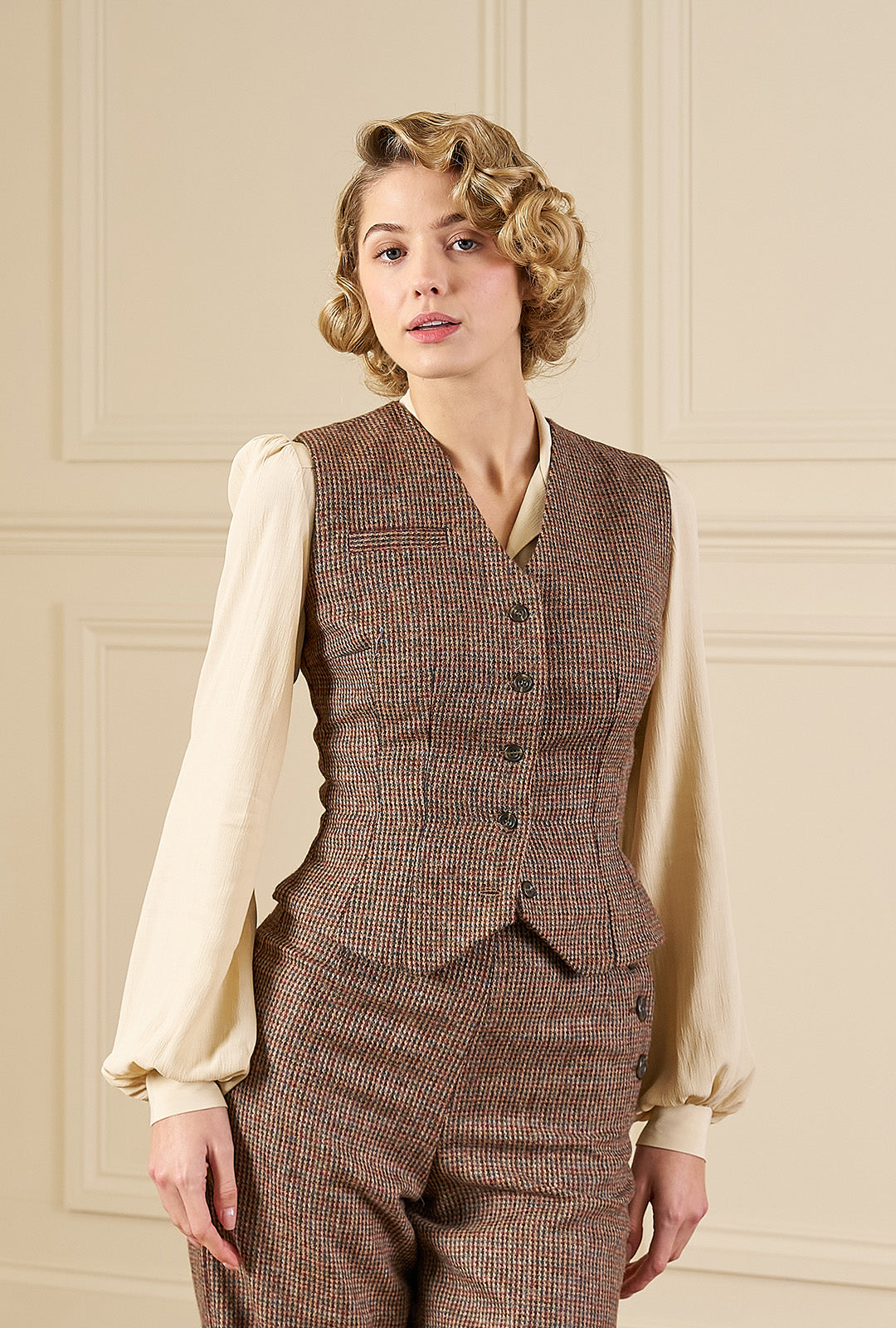Margot Fitted Waistcoat in Walnut Check Wool