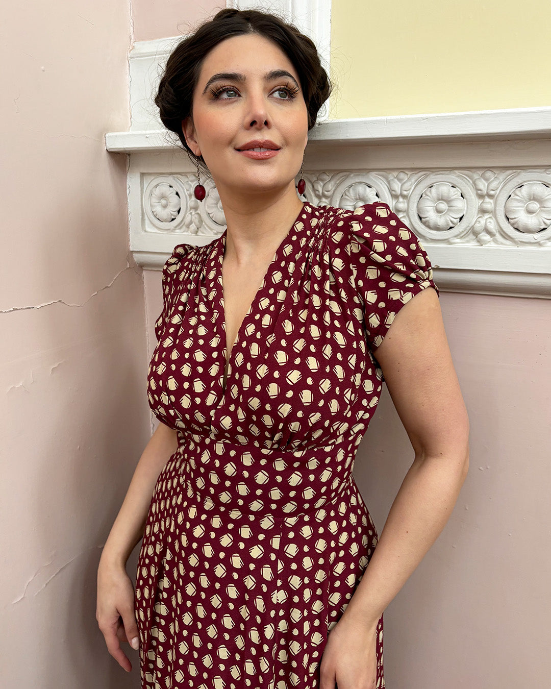 1930s 'Ava' Tea Dress - Wine Deco Dot