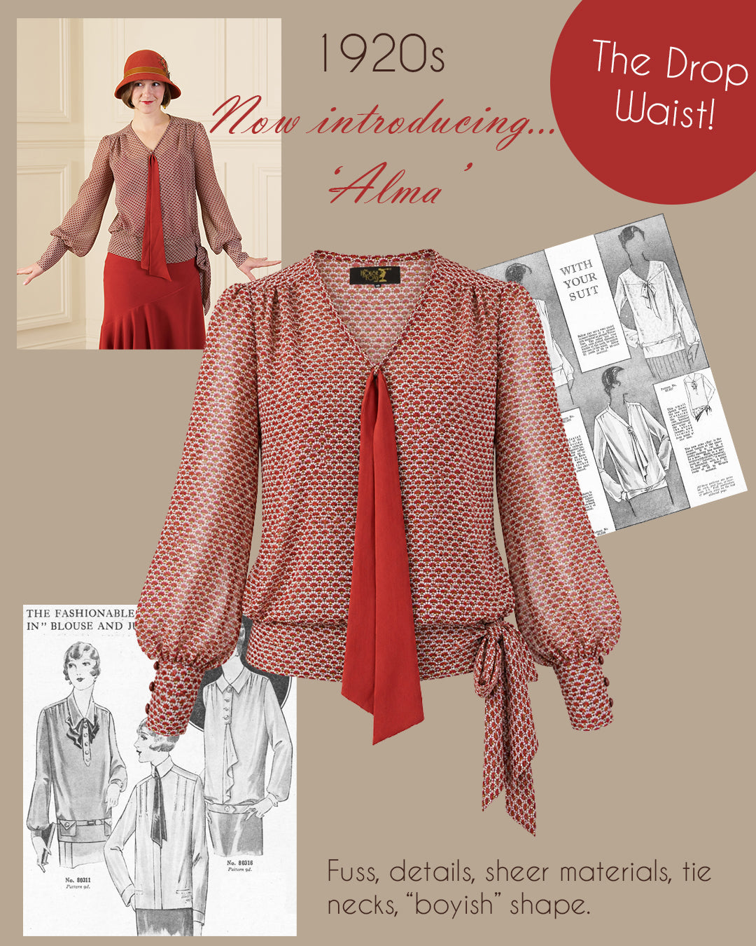 1920s Alma Drop Waist Blouse - Art Deco Fan Georgette