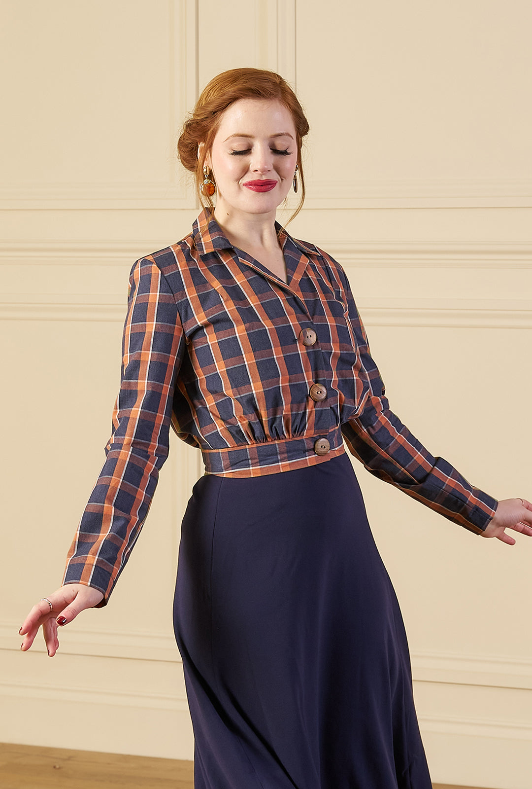 1930s Amelia Blouse - Navy and Orange Plaid