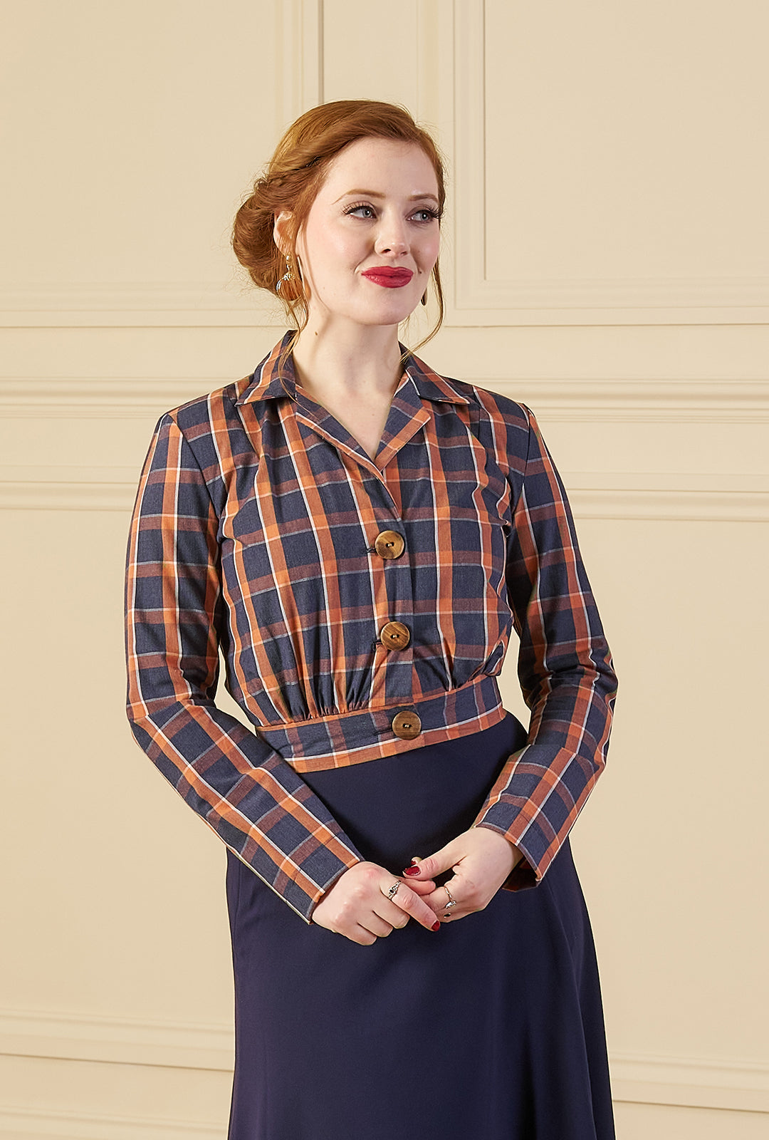 1930s Amelia Blouse - Navy and Orange Plaid