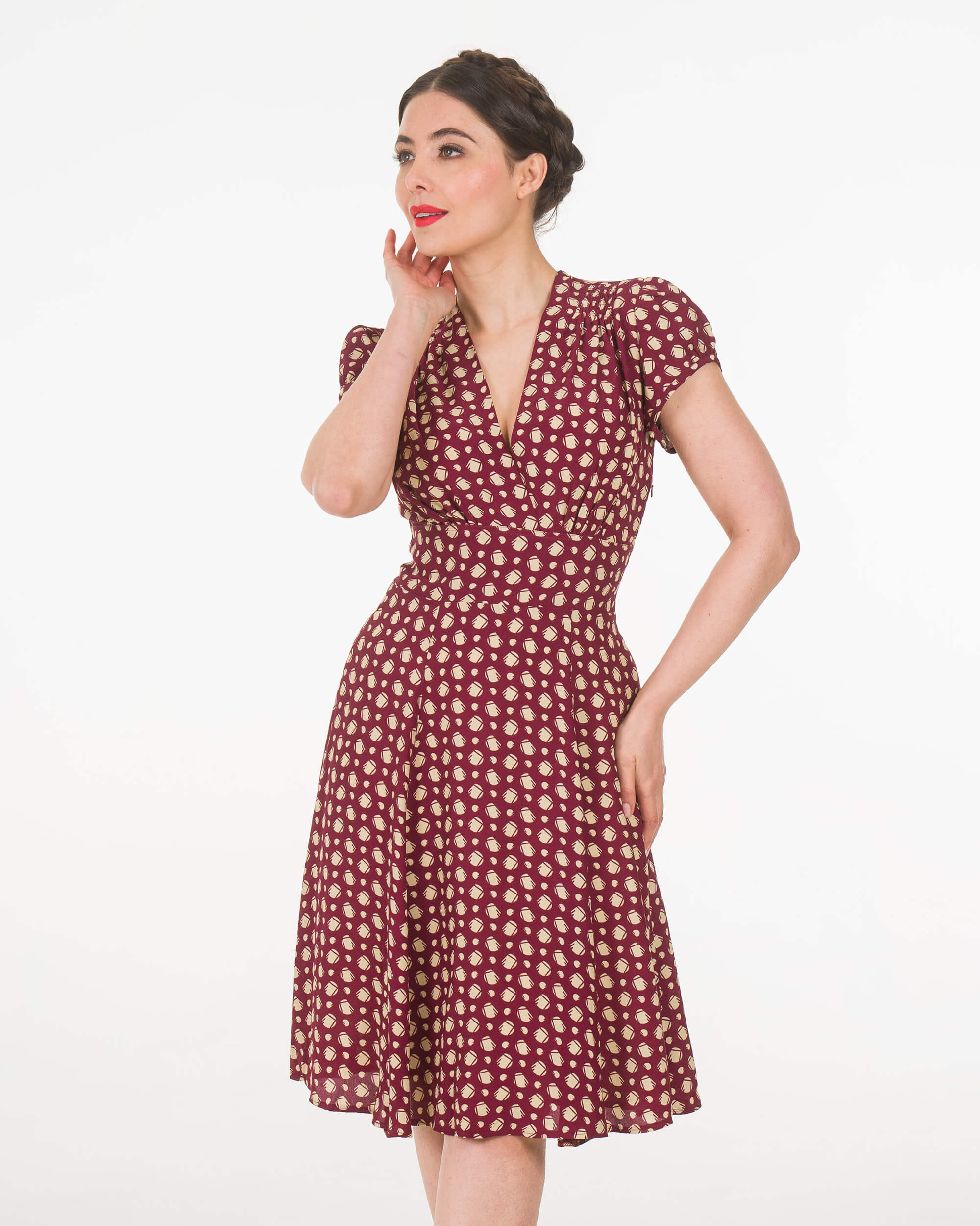 1930s 'Ava' Tea Dress - Wine Deco Dot