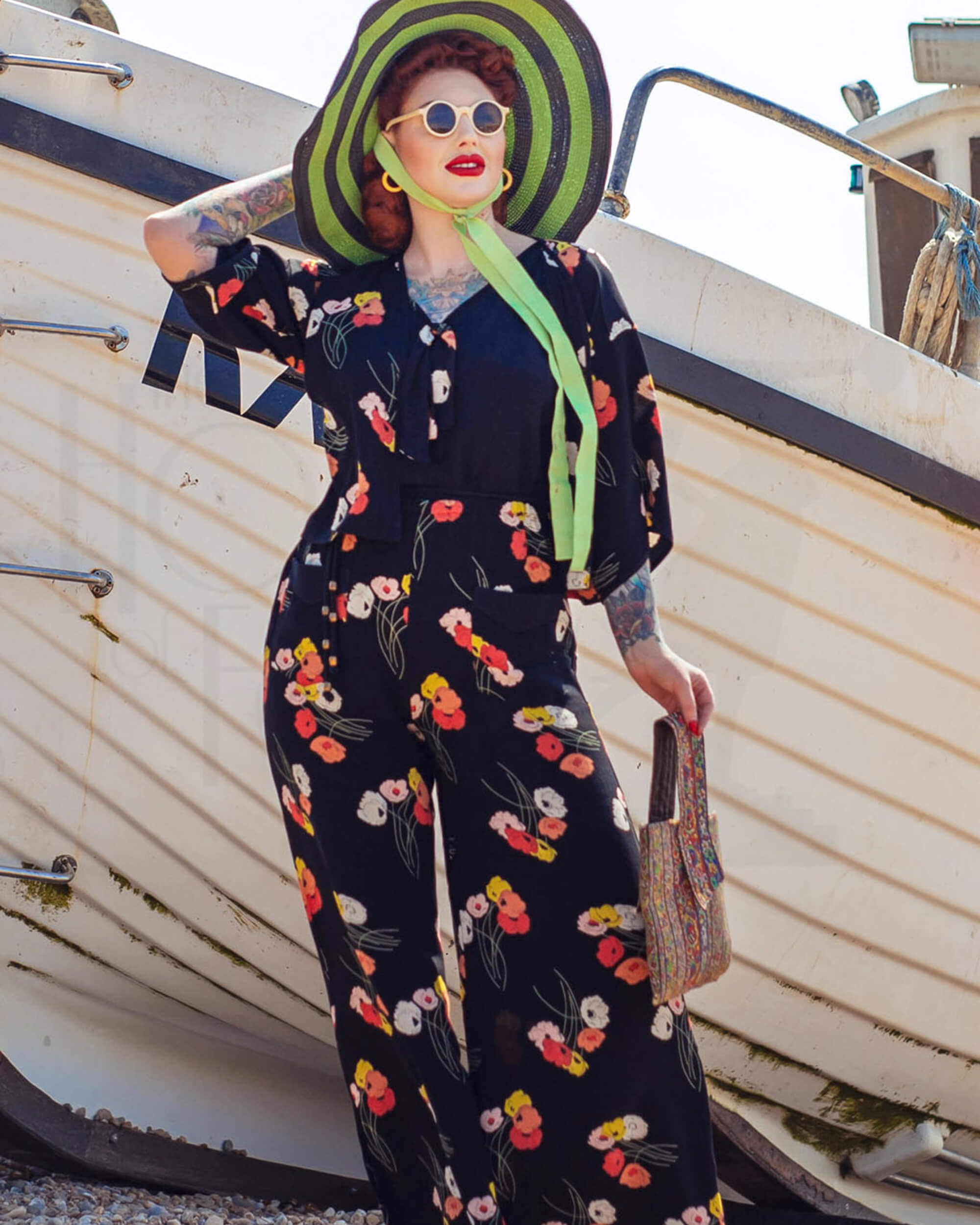 30s Beach Pyjama Set - Poppy Spray