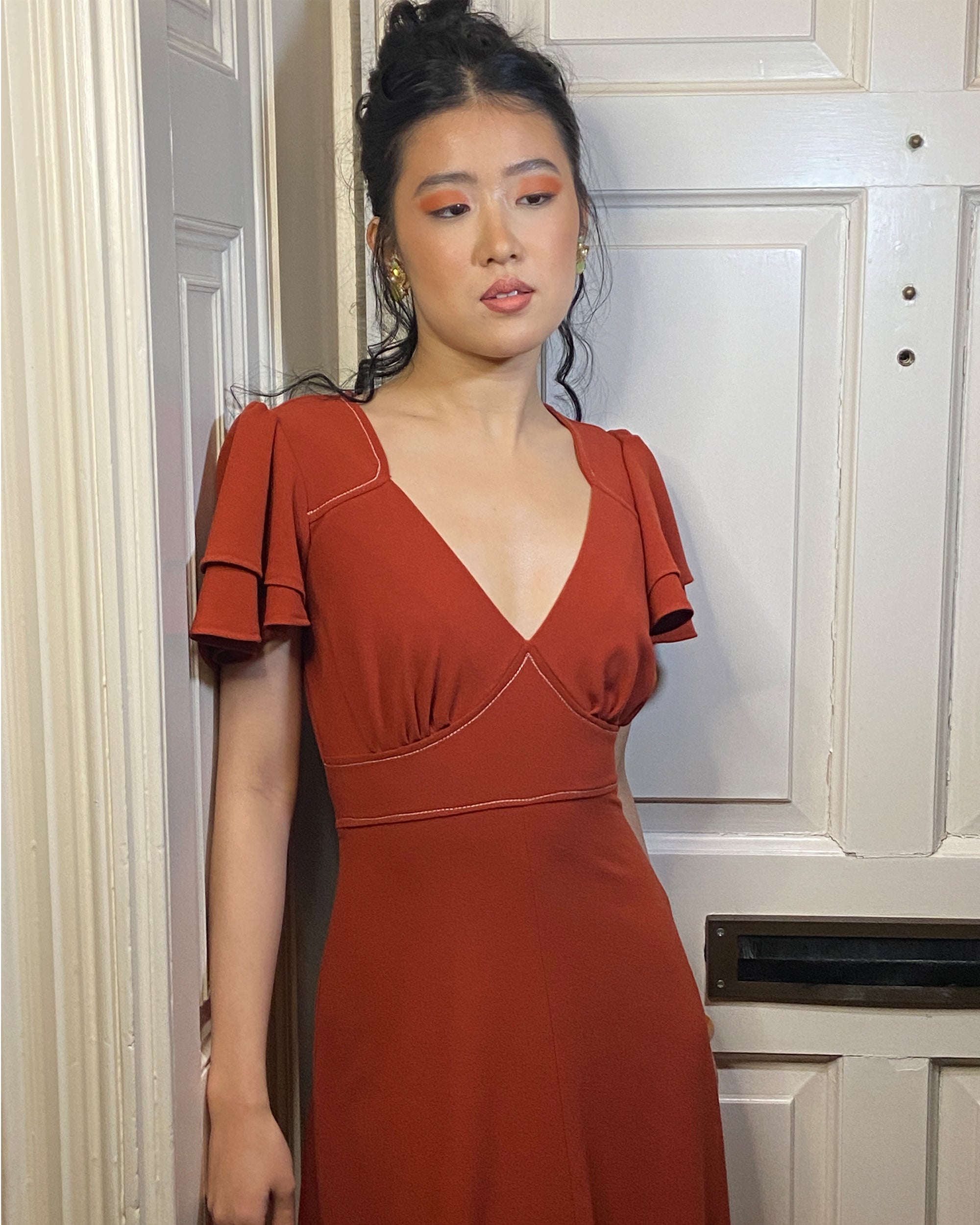 midi rust dress Lace & Beads Bridesmaid Madison v neck tulle midi dress in rust