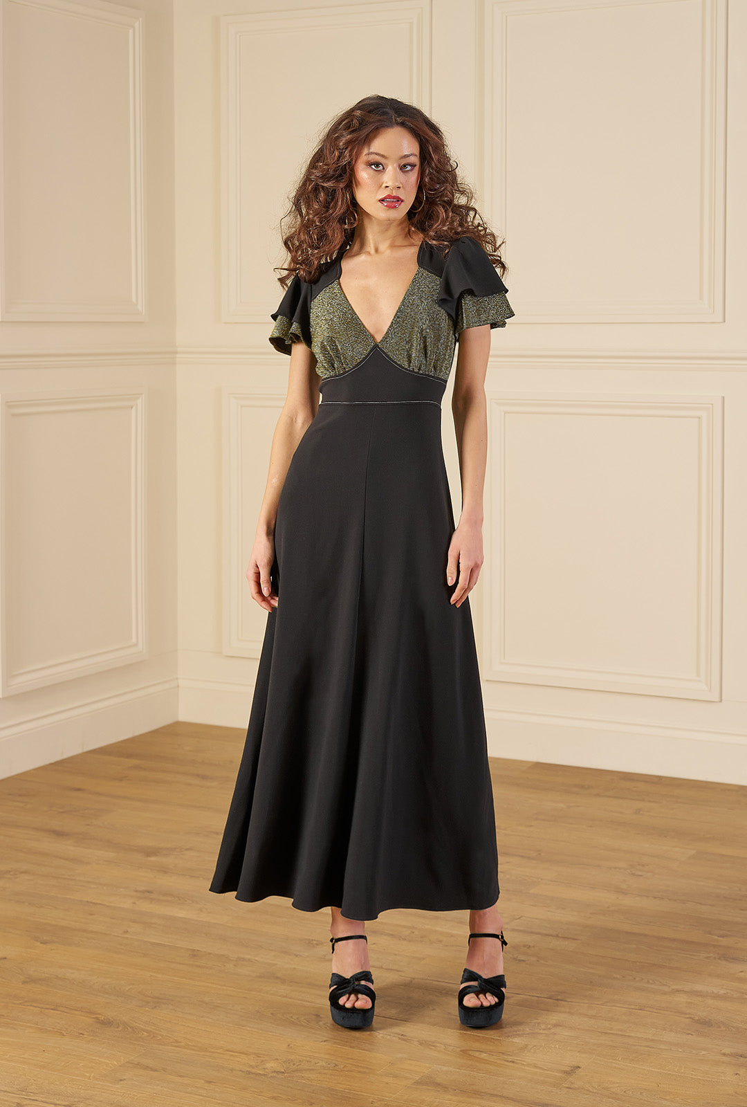 1970s Carrie Midi Dress - Gold & Black