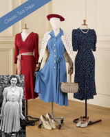 Three vintage-style dresses displayed on mannequins in an indoor room setting, with a small black-and-white inset photo of a woman wearing a matching dress. The top-left corner has a blue banner reading 'Classic Tea Dress.